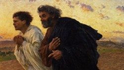 Peter in oni drugi učenec sta šla ven in se odpravila h grobu. Skupaj sta tekla, vendar je drugi učenec Petra prehitel in prvi prišel h grobu (Eugène Burnand 1898).